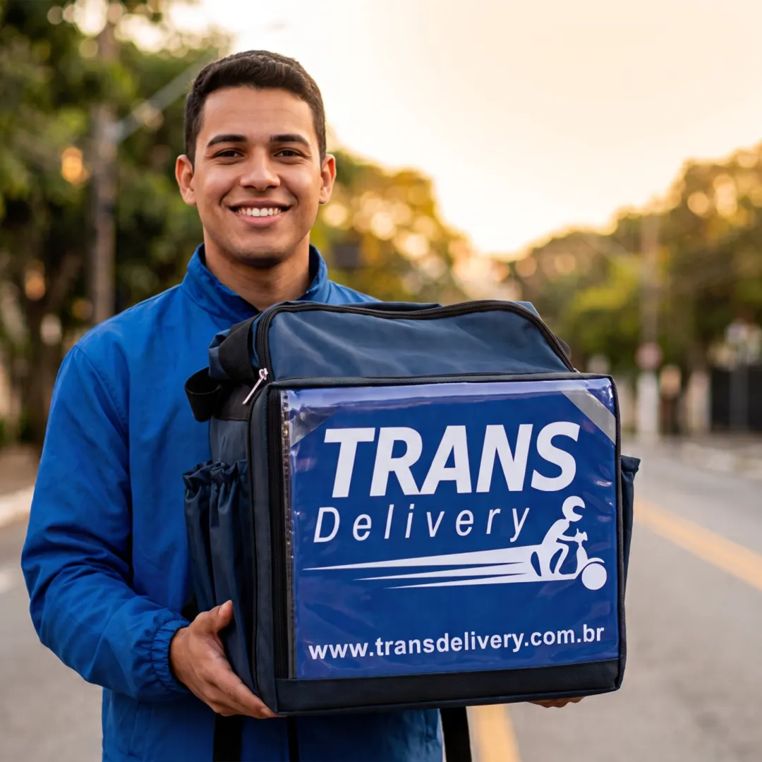 Motoboy Transdelivery com a bag de entregas, prêmio da primeira semana