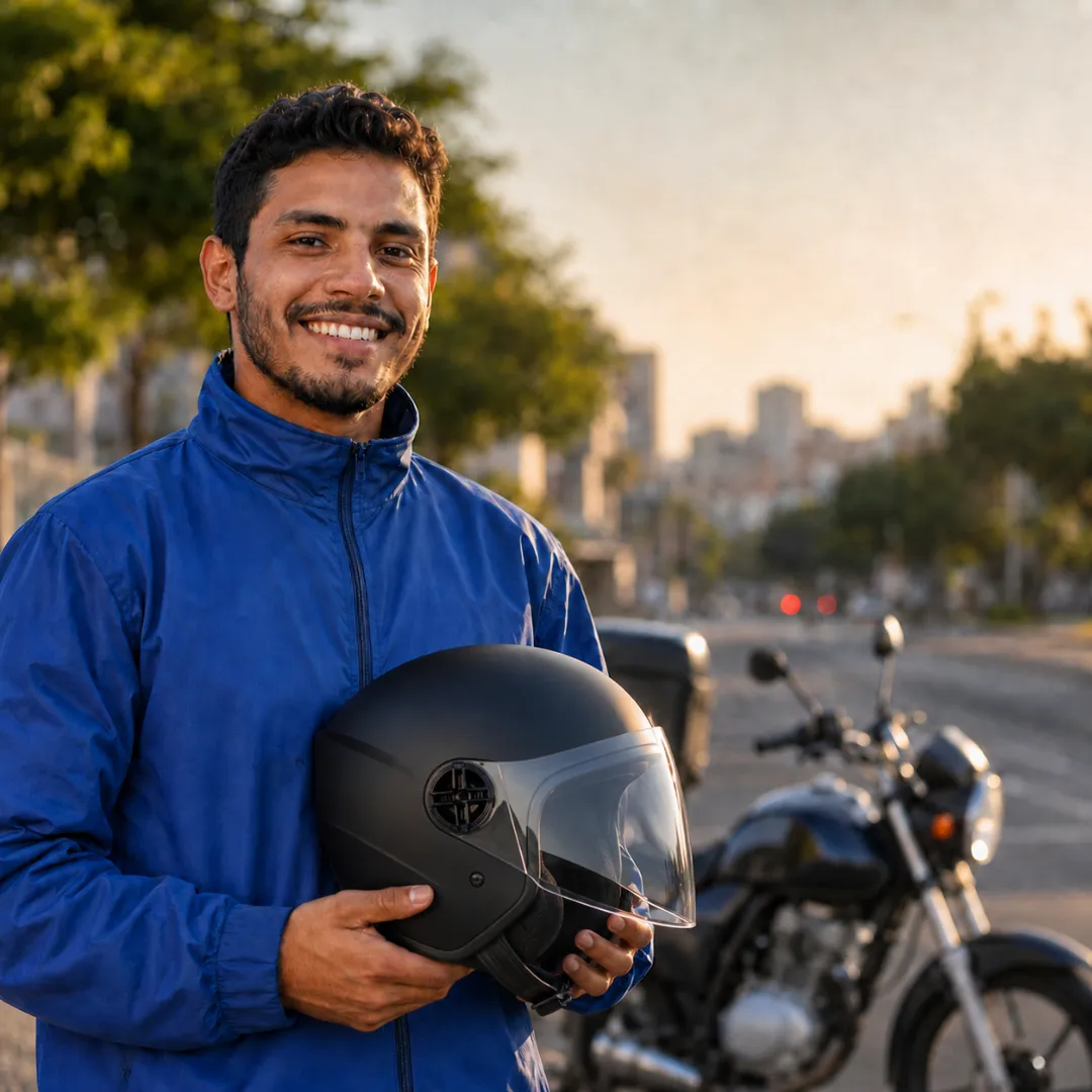 Motoboy Transdelivery segurando um capacete, prêmio da segunda semana