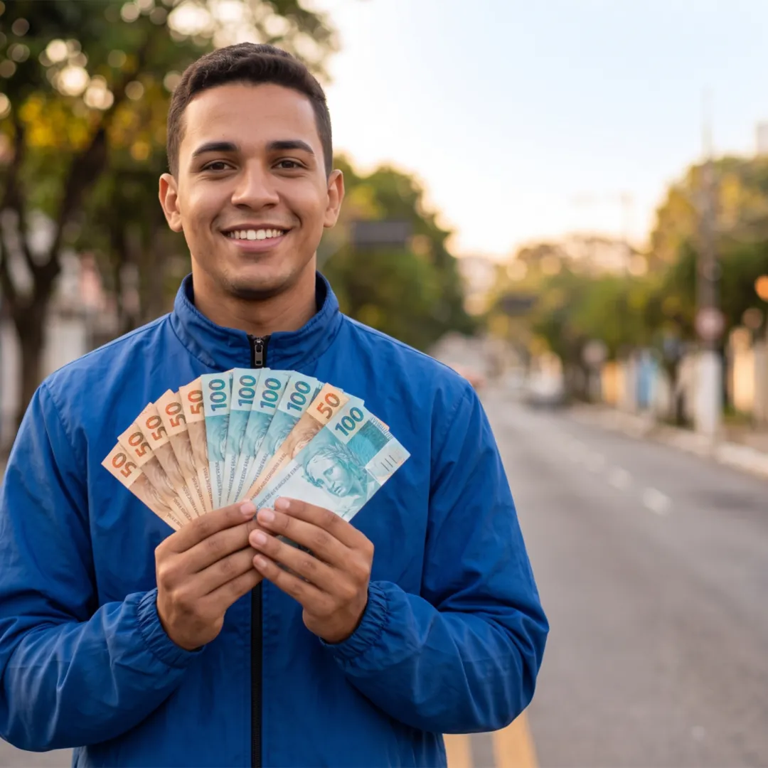 Motoboy Transdelivery comemorando o bônus em dinheiro, prêmio da terceira semana