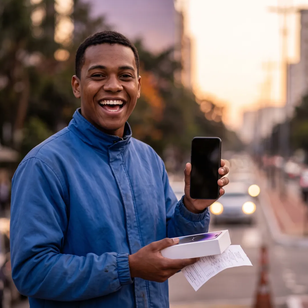 Motoboy Transdelivery comemorando o celular novo, super prêmio da quarta semana
